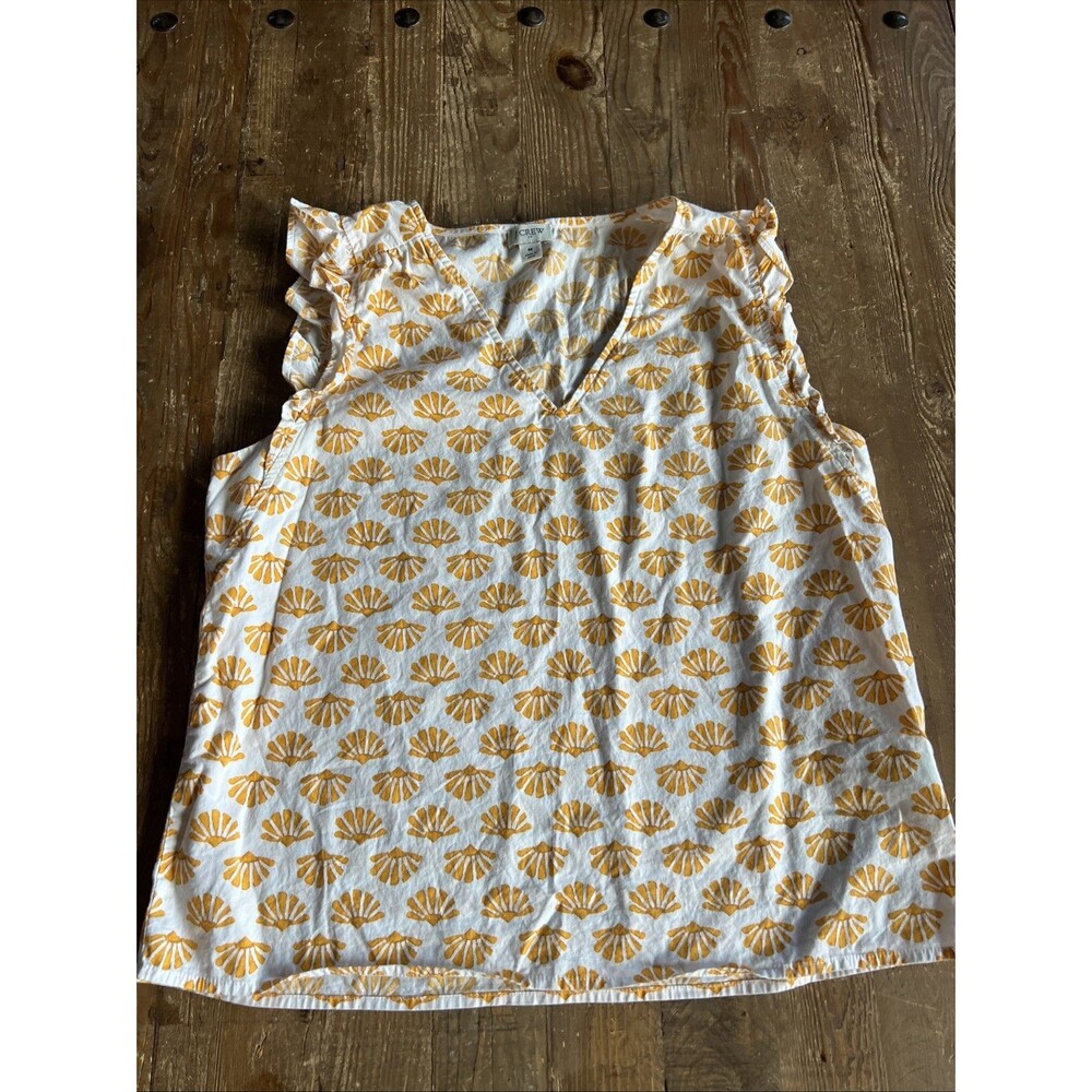 J.Crew Womens Yellow Shell Print Ruffle Shoulder V-Neck Sleeveless Top Medium